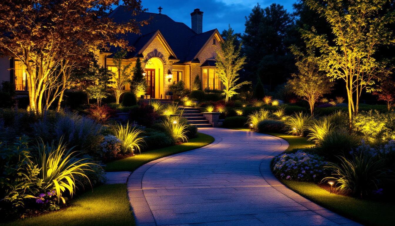 A photograph of a beautifully illuminated outdoor landscape showcasing various landscape lighting designs