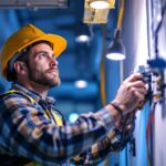 A photograph of a lighting contractor working on a complex lighting installation