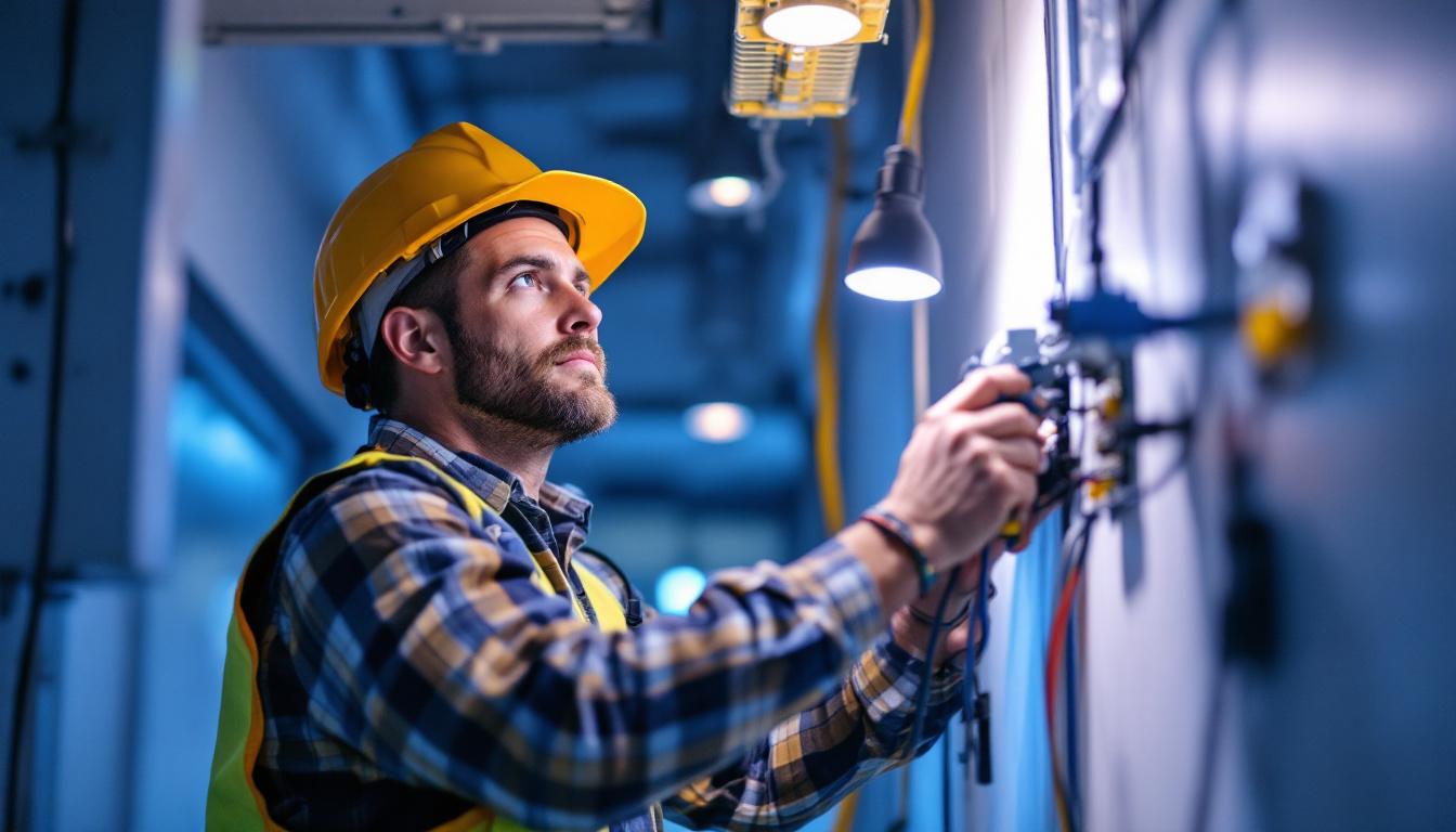 A photograph of a lighting contractor working on a complex lighting installation