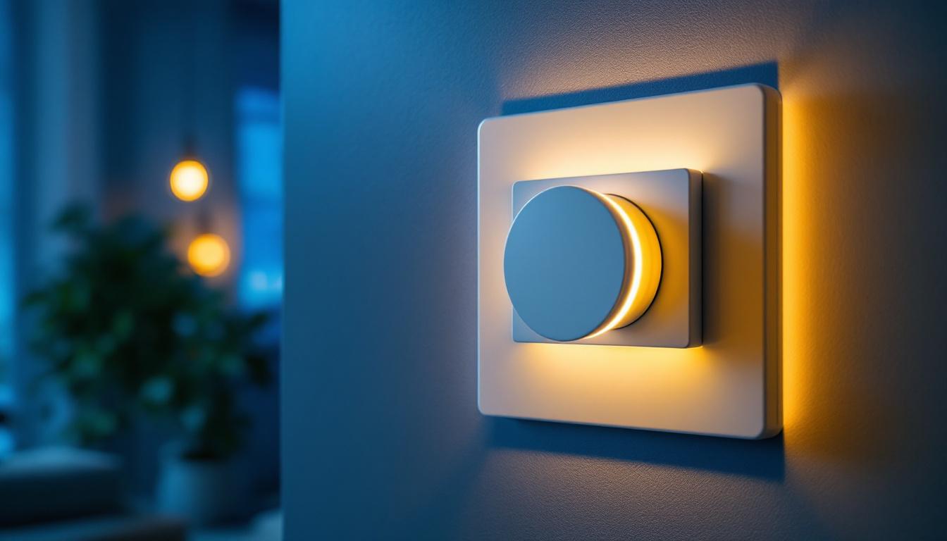 A photograph of a modern dimmer switch in action