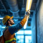 A photograph of a lighting contractor efficiently replacing a fluorescent tube fixture with a modern led fixture in a commercial setting