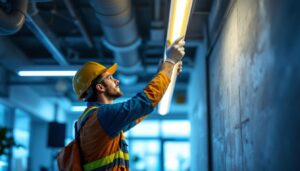 A photograph of a lighting contractor efficiently replacing a fluorescent tube fixture with a modern led fixture in a commercial setting