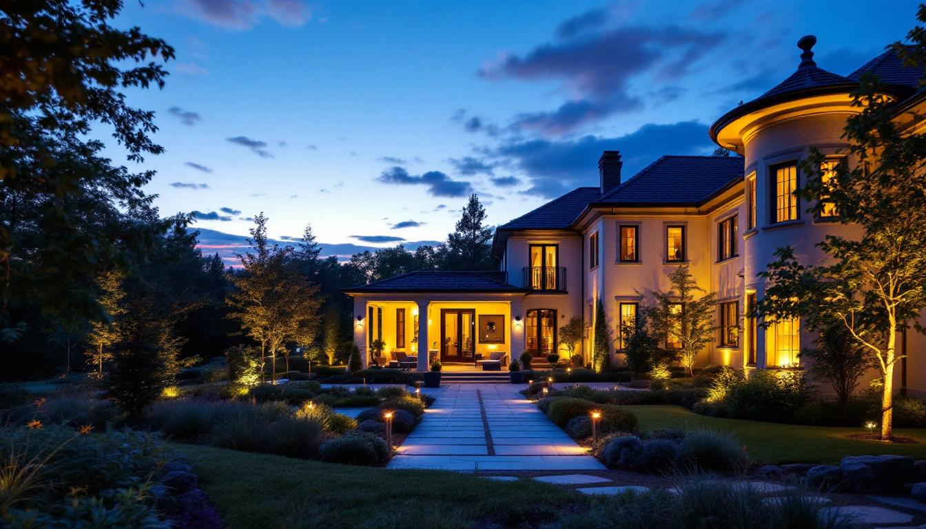A photograph of a beautifully lit outdoor space showcasing the transformative effect of uplighting on a house's architectural features and surrounding landscape during twilight