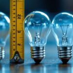 A photograph of a close-up of various light bulb bases next to a ruler or measuring tape