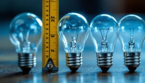 A photograph of a close-up of various light bulb bases next to a ruler or measuring tape