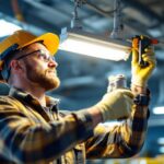 A photograph of a skilled lighting contractor replacing a ballast in a commercial light fixture