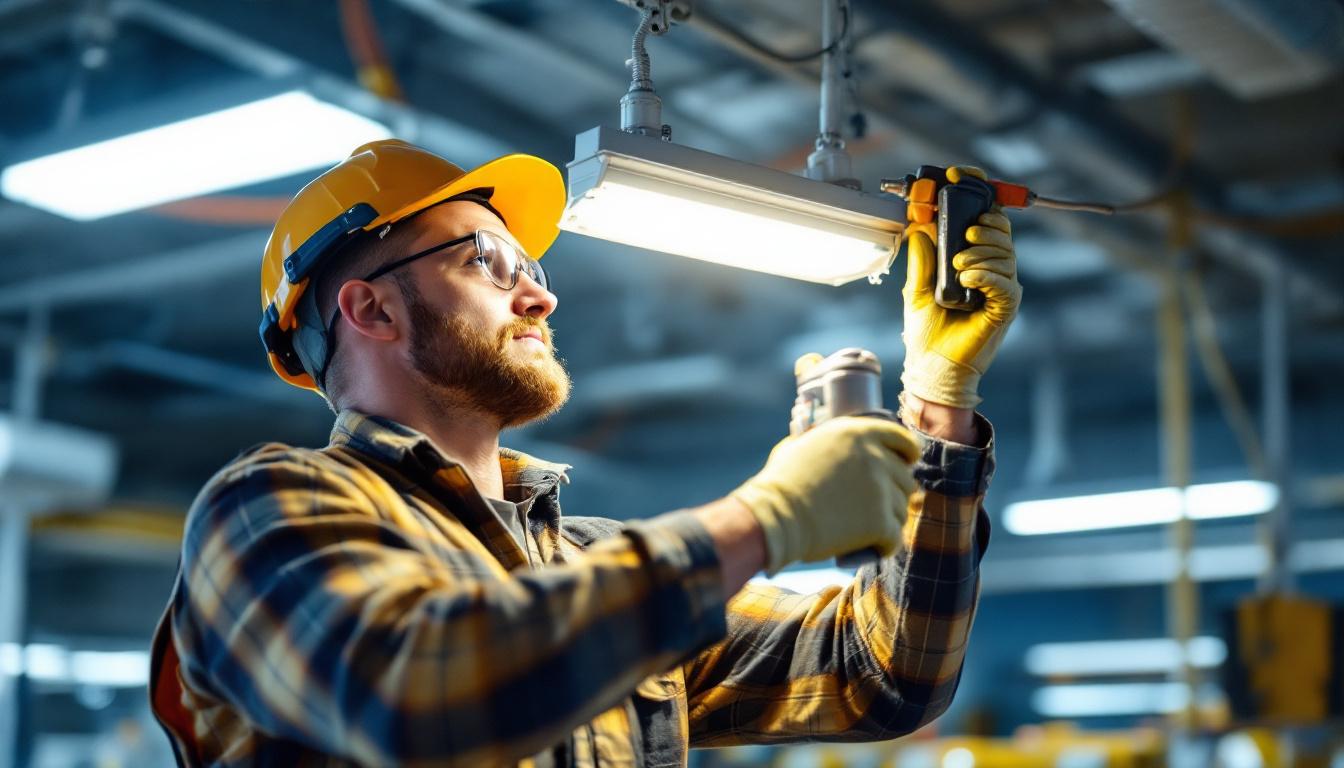 A photograph of a skilled lighting contractor replacing a ballast in a commercial light fixture