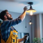A photograph of a lighting contractor installing a stylish ceiling chain light in a modern interior space
