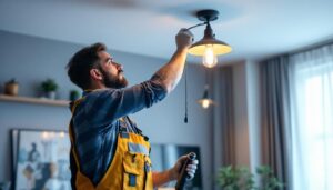 A photograph of a lighting contractor installing a stylish ceiling chain light in a modern interior space