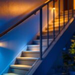 A photograph of a well-lit staircase featuring stylish motion sensor lights in action