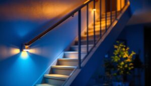 A photograph of a well-lit staircase featuring stylish motion sensor lights in action