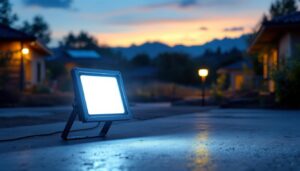 A photograph of a well-lit outdoor space at dusk