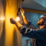 A photograph of a skilled lighting contractor installing or adjusting a stylish light fixture with tubing in a modern interior space