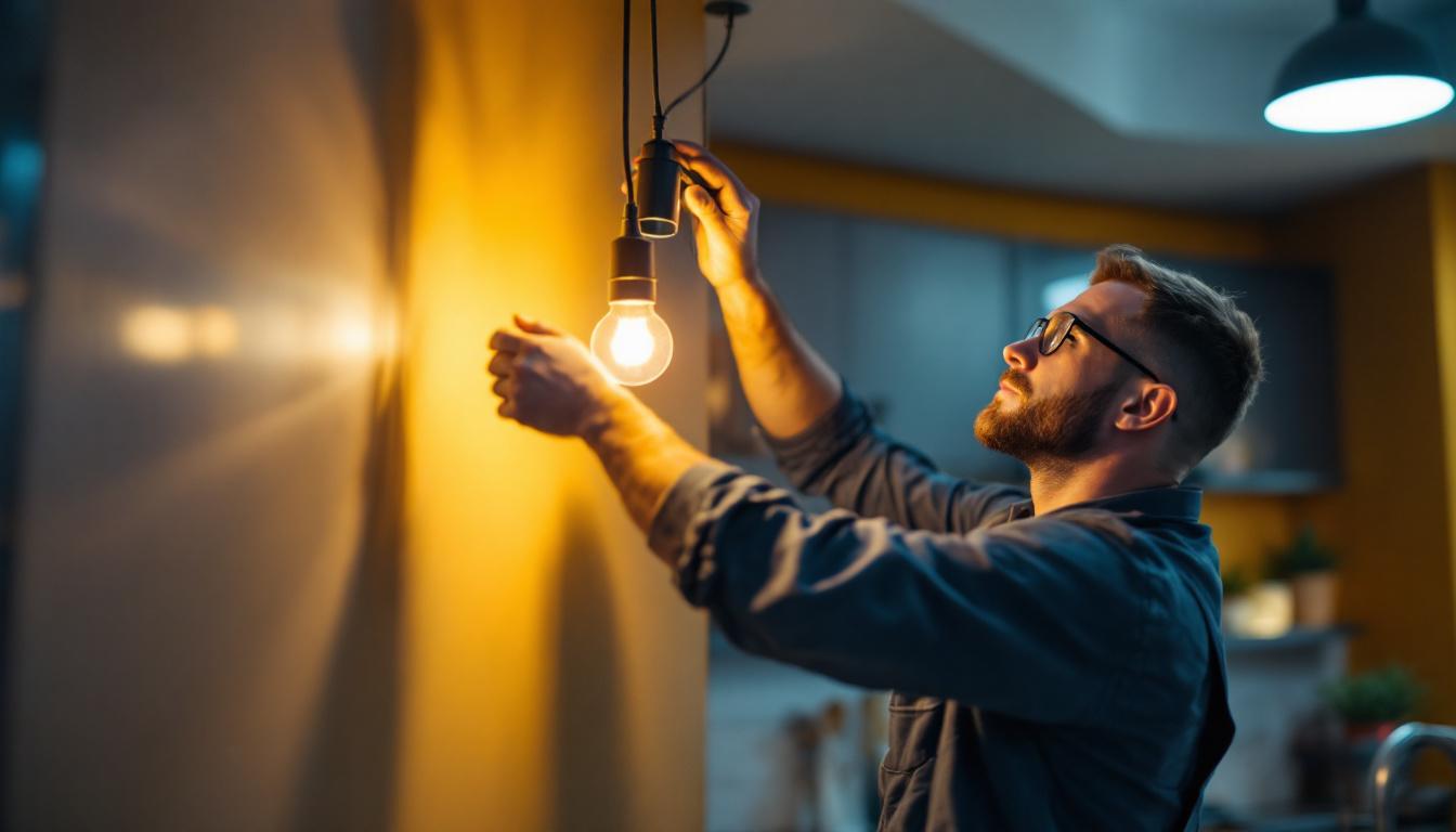 A photograph of a skilled lighting contractor installing or adjusting a stylish light fixture with tubing in a modern interior space