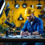 A photograph of a lighting contractor in action
