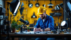 A photograph of a lighting contractor in action