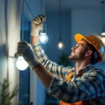 A photograph of a skilled lighting contractor installing led lamps in a modern home setting