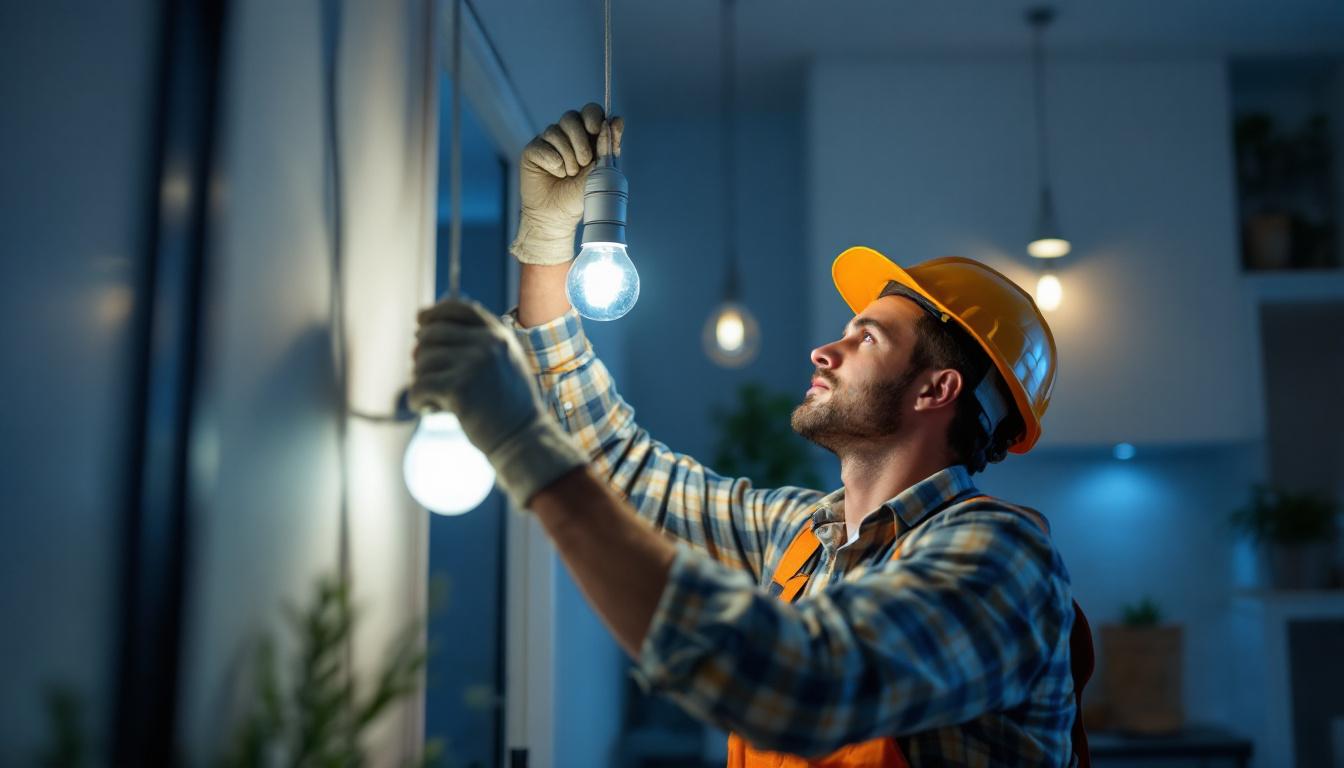 A photograph of a skilled lighting contractor installing led lamps in a modern home setting