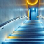 A photograph of a well-lit stairway featuring modern led lighting installations