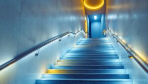A photograph of a well-lit stairway featuring modern led lighting installations