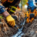 A photograph of a skilled lighting contractor expertly installing an underground wire connector in a trench