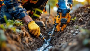 A photograph of a skilled lighting contractor expertly installing an underground wire connector in a trench