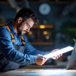 A photograph of a lighting contractor installing or showcasing a slim led light in a modern workspace