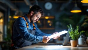 A photograph of a lighting contractor installing or showcasing a slim led light in a modern workspace