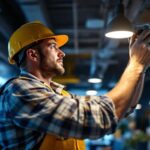 A photograph of a skilled lighting contractor expertly installing or adjusting commercial lighting fixtures in a modern workspace