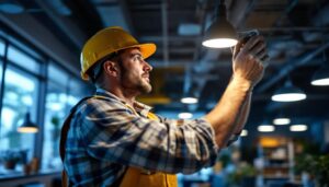 A photograph of a skilled lighting contractor expertly installing or adjusting commercial lighting fixtures in a modern workspace