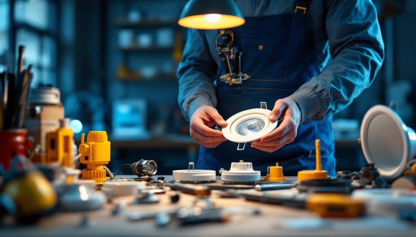 A photograph of a well-organized workspace featuring various recessed light fixture parts