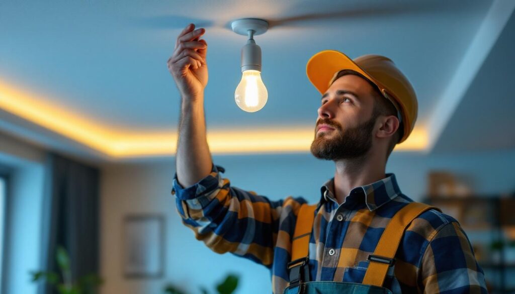 A photograph of a lighting contractor expertly installing a sleek