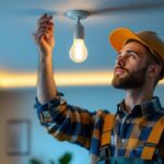 A photograph of a lighting contractor expertly installing a sleek