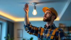 A photograph of a lighting contractor expertly installing a sleek