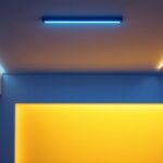 A photograph of a modern interior space featuring sleek surface mount ceiling lights