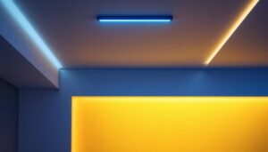A photograph of a modern interior space featuring sleek surface mount ceiling lights