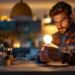 A photograph of a lighting contractor skillfully installing or examining an led a19 bulb in a stylish