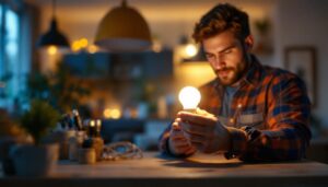 A photograph of a lighting contractor skillfully installing or examining an led a19 bulb in a stylish