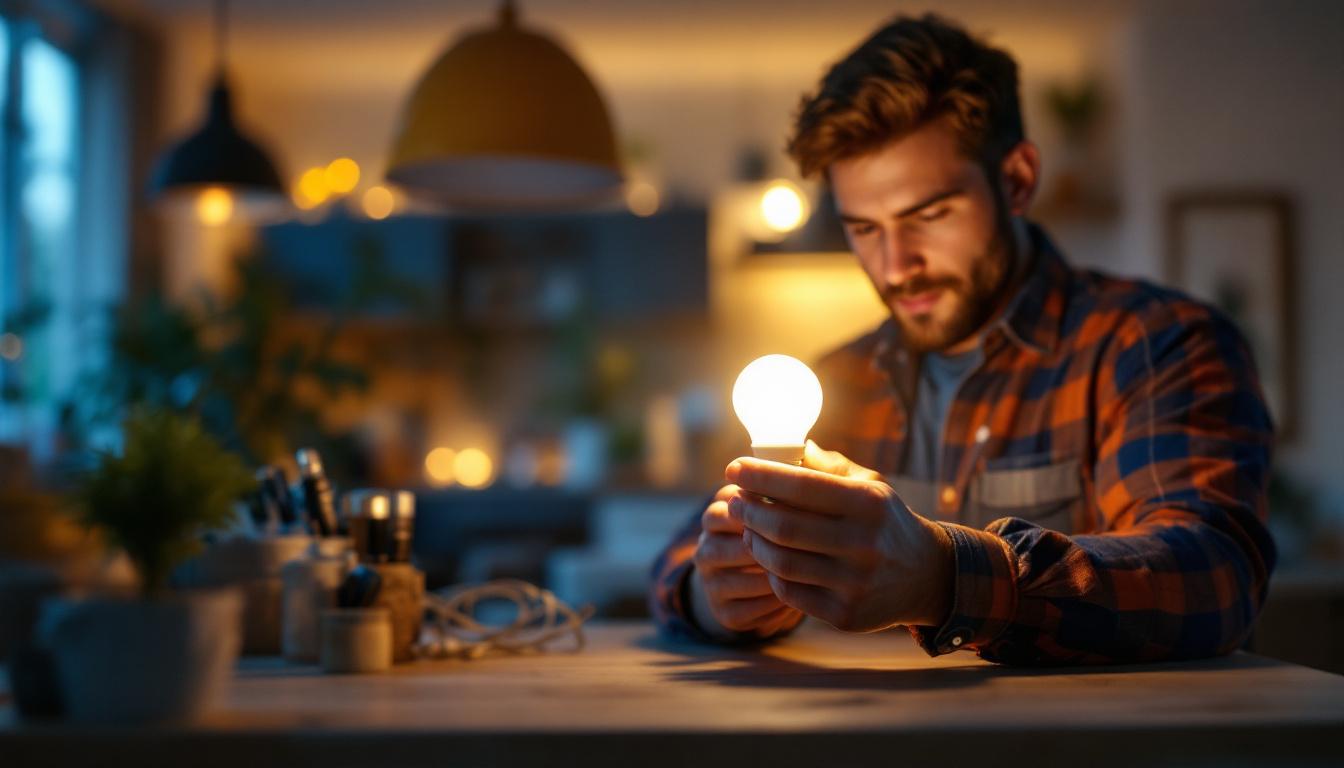 A photograph of a lighting contractor skillfully installing or examining an led a19 bulb in a stylish