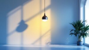 A photograph of a stylishly designed interior featuring a modern pendulum light fixture as the focal point