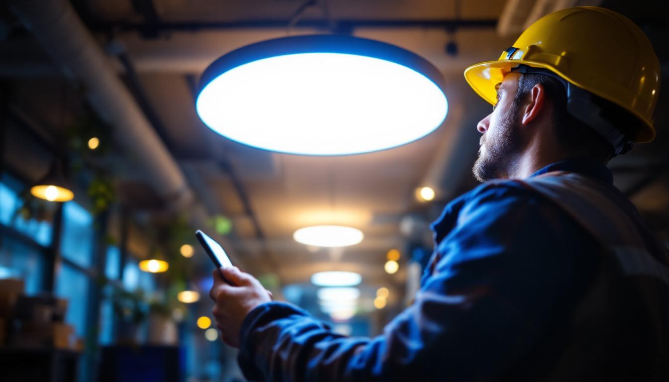 A photograph of a round led light installation in a commercial setting