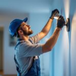 A photograph of a skilled lighting contractor expertly installing or adjusting stylish indoor house lights in a beautifully designed living space