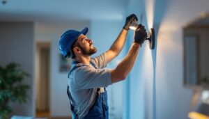 A photograph of a skilled lighting contractor expertly installing or adjusting stylish indoor house lights in a beautifully designed living space