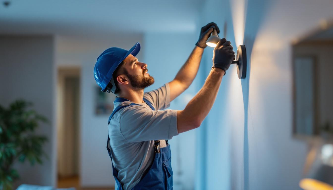 A photograph of a skilled lighting contractor expertly installing or adjusting stylish indoor house lights in a beautifully designed living space
