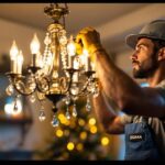 A photograph of a lighting contractor carefully installing a chandelier