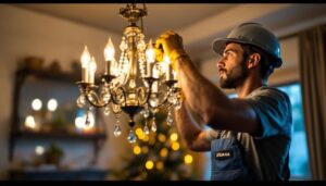 A photograph of a lighting contractor carefully installing a chandelier