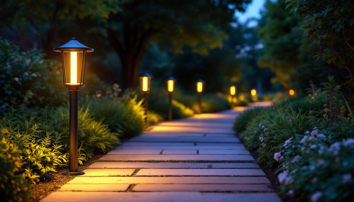 A photograph of a beautifully illuminated garden pathway featuring stylish post lights