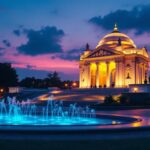 A photograph of a beautifully illuminated monument at dusk