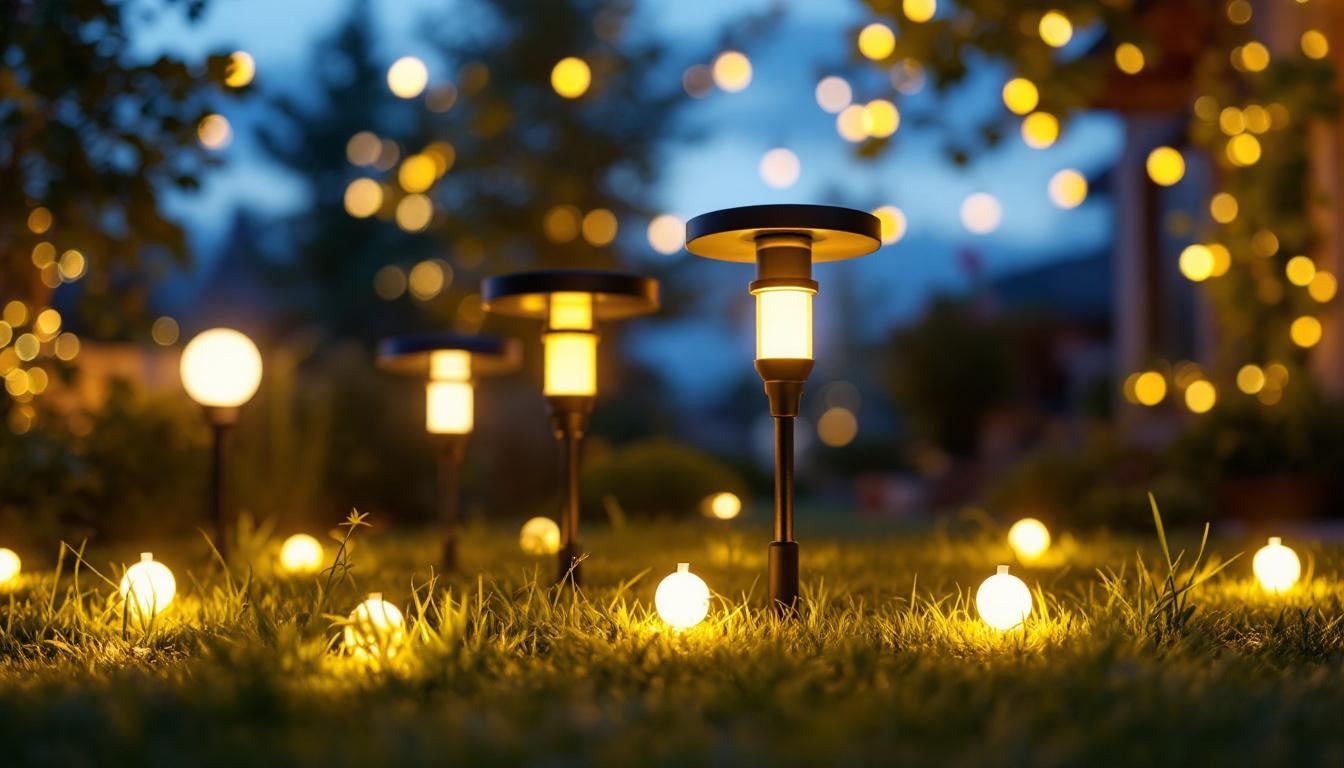 A photograph of a beautifully lit outdoor space showcasing various styles of battery-powered led lights in use