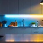 A photograph of a well-lit kitchen featuring stylish under cabinet lighting